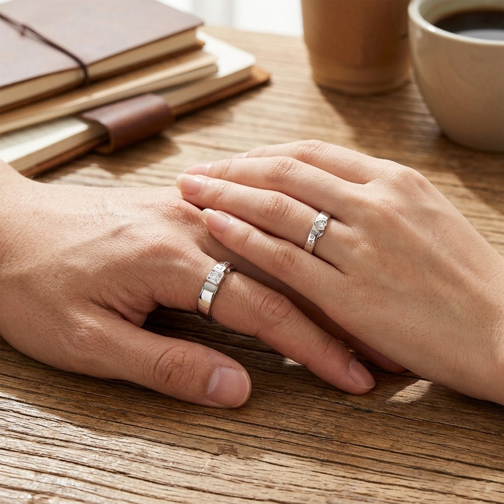 Matching Heart LOVE Pattern Promise Couple Rings Daily Jewelry for Him and Her