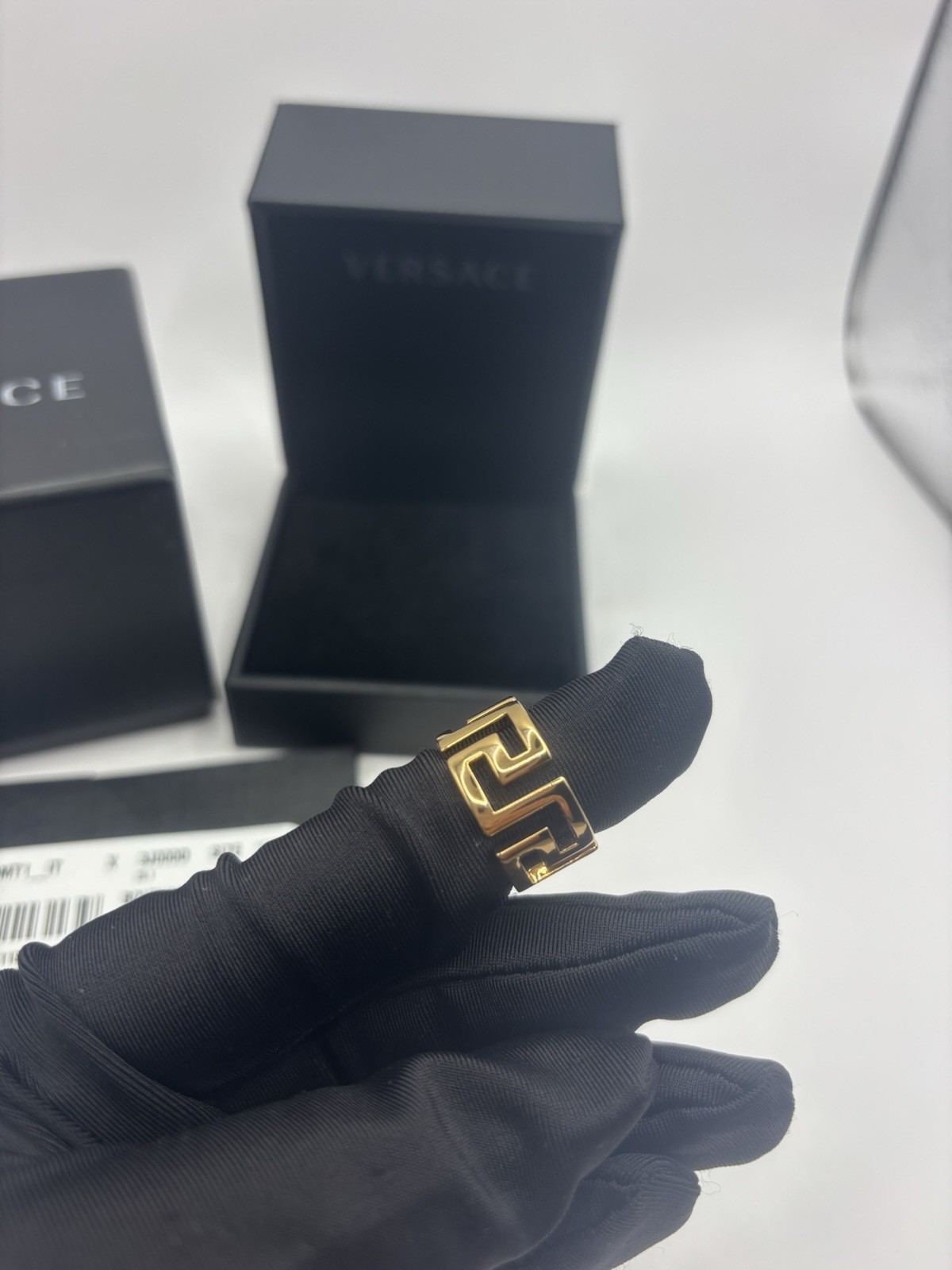 NIB Versace Greca Logo Gold Cut Out Wide Band Ring Sz 13 IT $350.