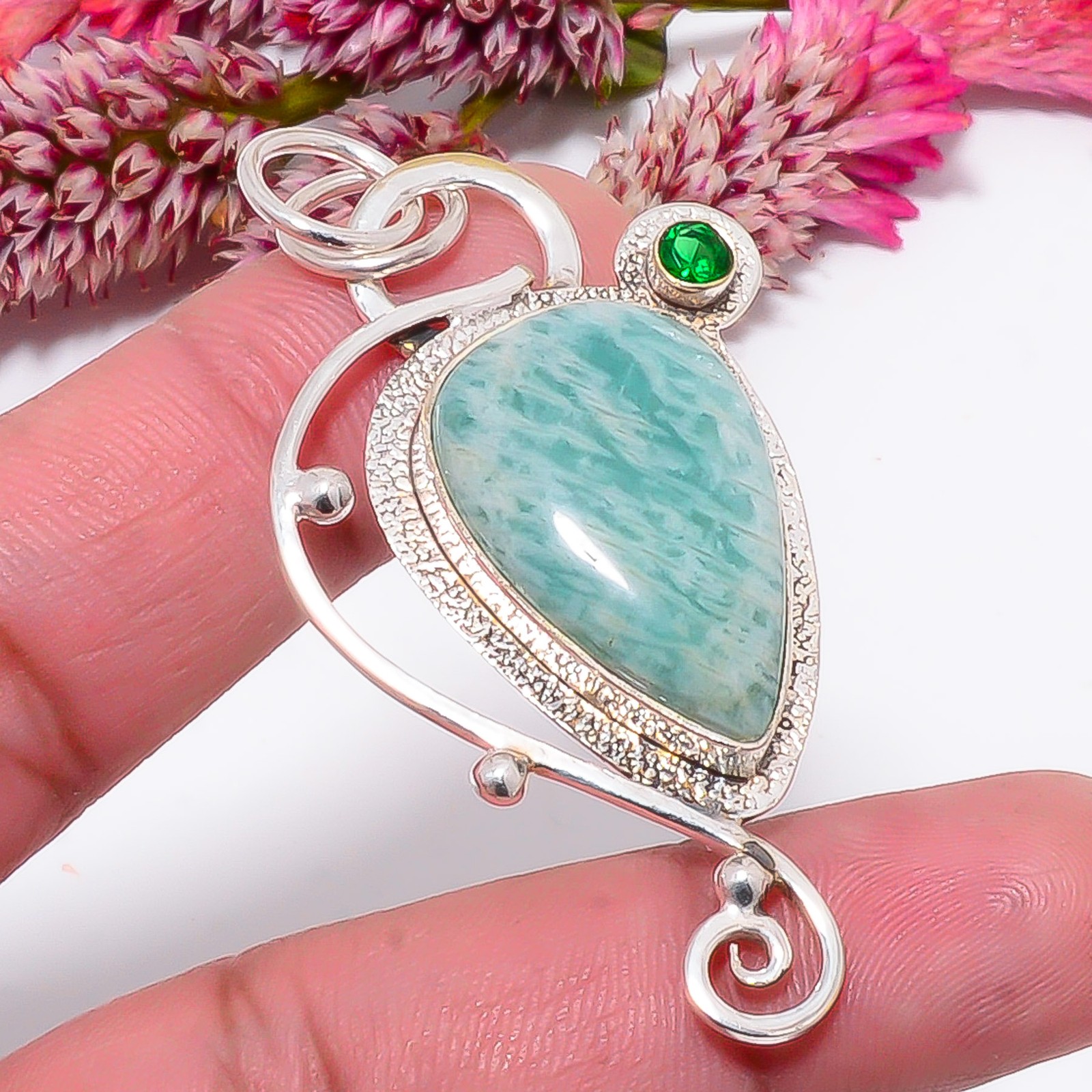 Amazonite – Russia & Tsavorite 925 Sterling Silver Handmade Pendant 2.15″ sku31