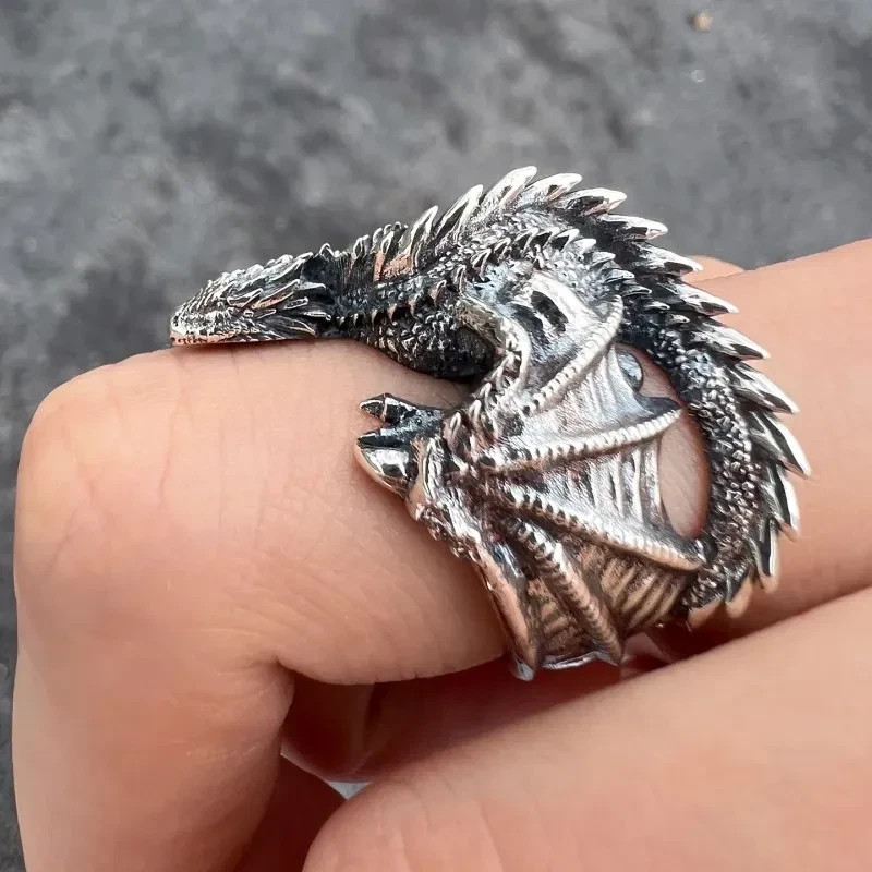 New Vintage Gothic Punk Dragon Ring Adjustable Pterosaur Wings Retro Silver Men’