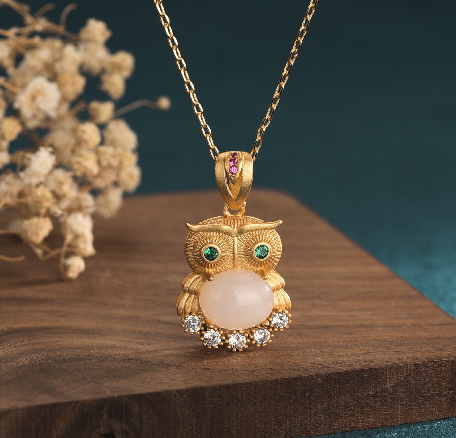 Jade Crystal Owl Pendant Necklace Charm 18K Gold Plated Chain Dainty Gemstone