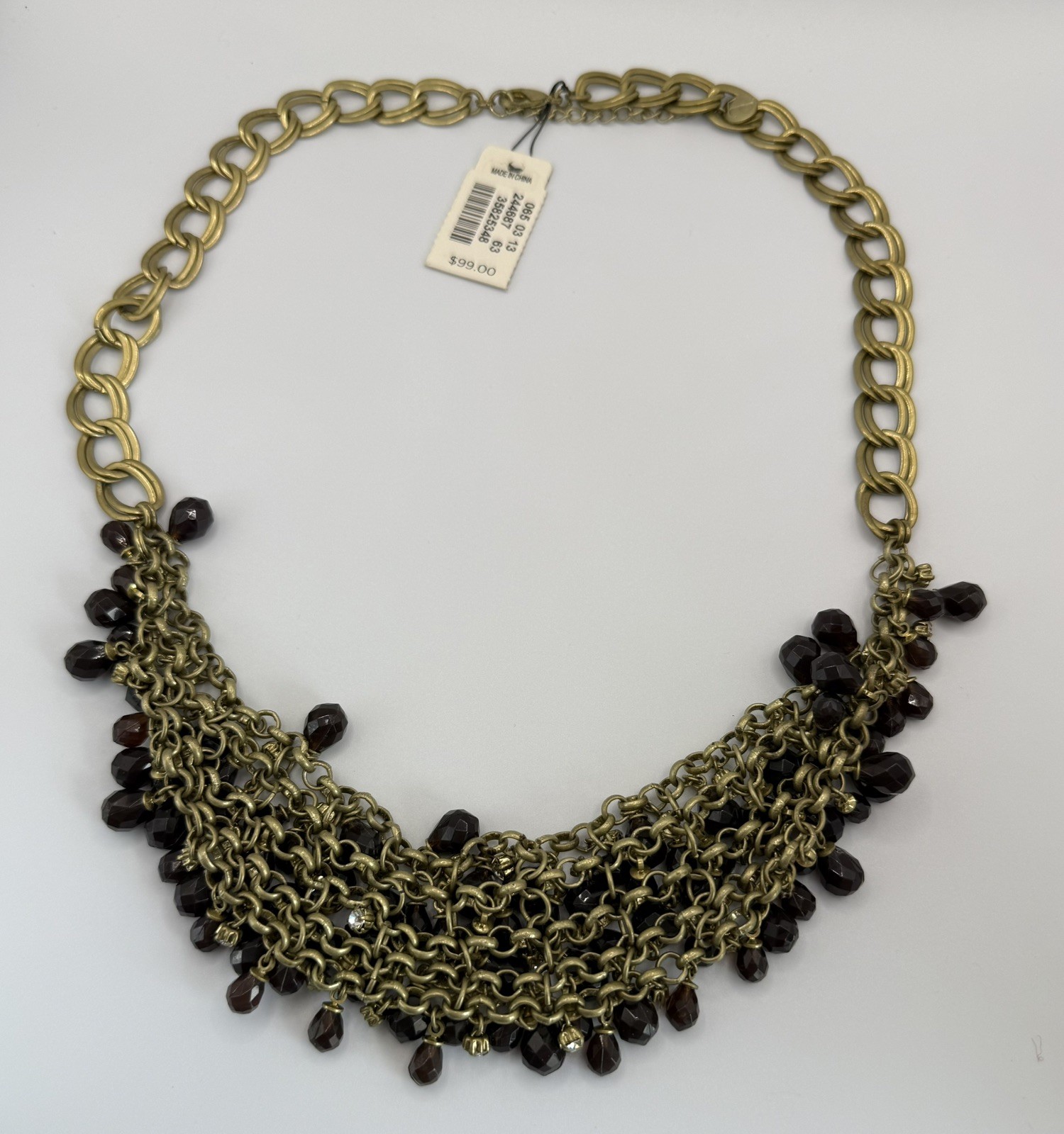 Talbots NWT Bib Statement Necklace Black Purple Glass Bead Rhinestone Gold Tone
