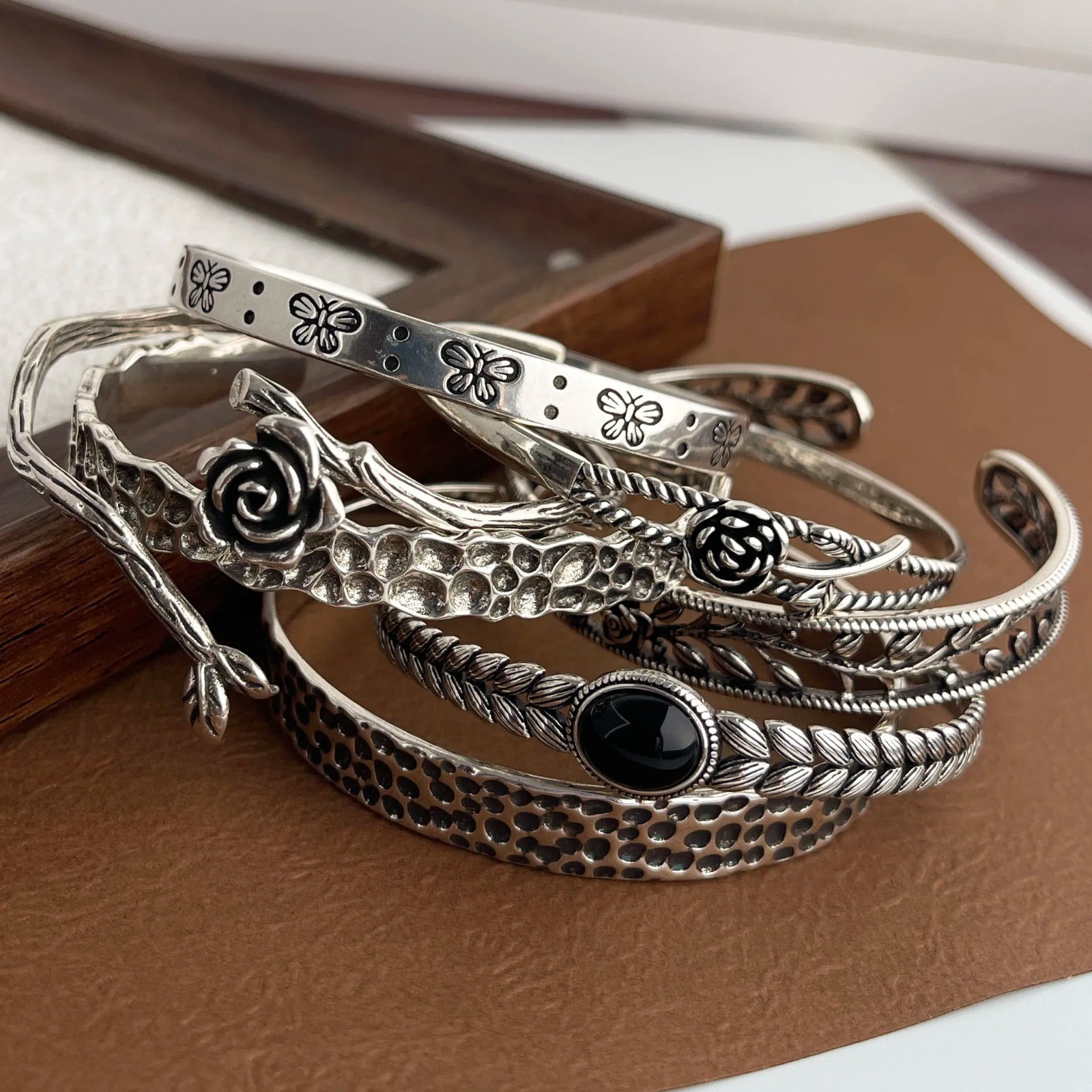 Vintage Flower Retro Rose Cuff Bangle 925 Sterling Silver Women Jewelry Bracelet