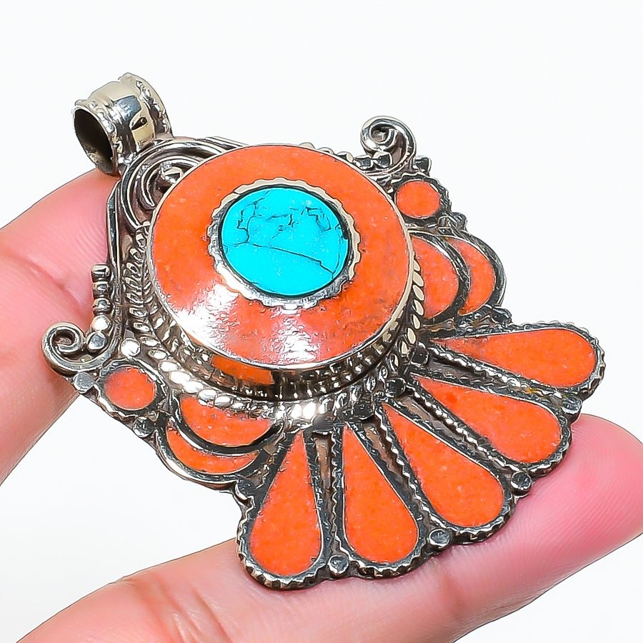 Turquoise Red Coral Pendant Handmade Tibetan Nepali Vintage Jewelry 2.2″ NP 2490