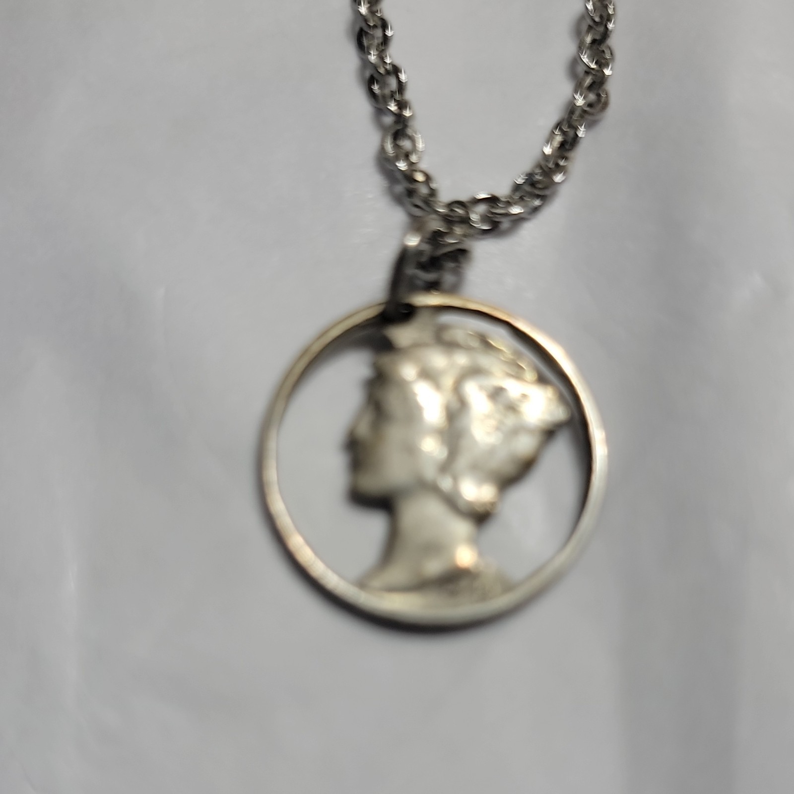 Vintage 1942 Mercury Dime Hand Cut Coin Sterling Silver Necklace & Earrings Set