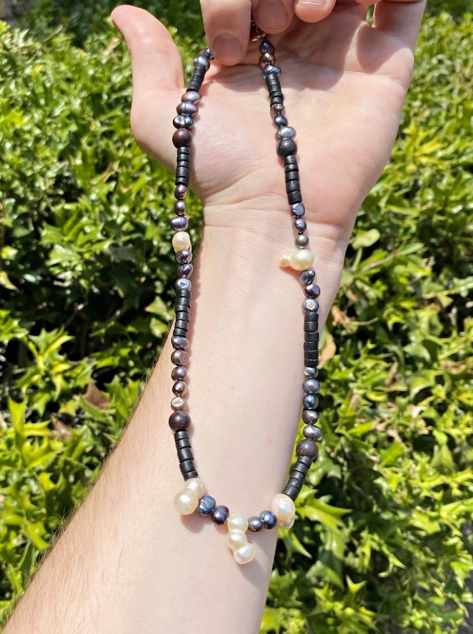 Real Pearls w/ Multicolor Ball/Black Beads Necklace Toggle Clasp 18” Handmade