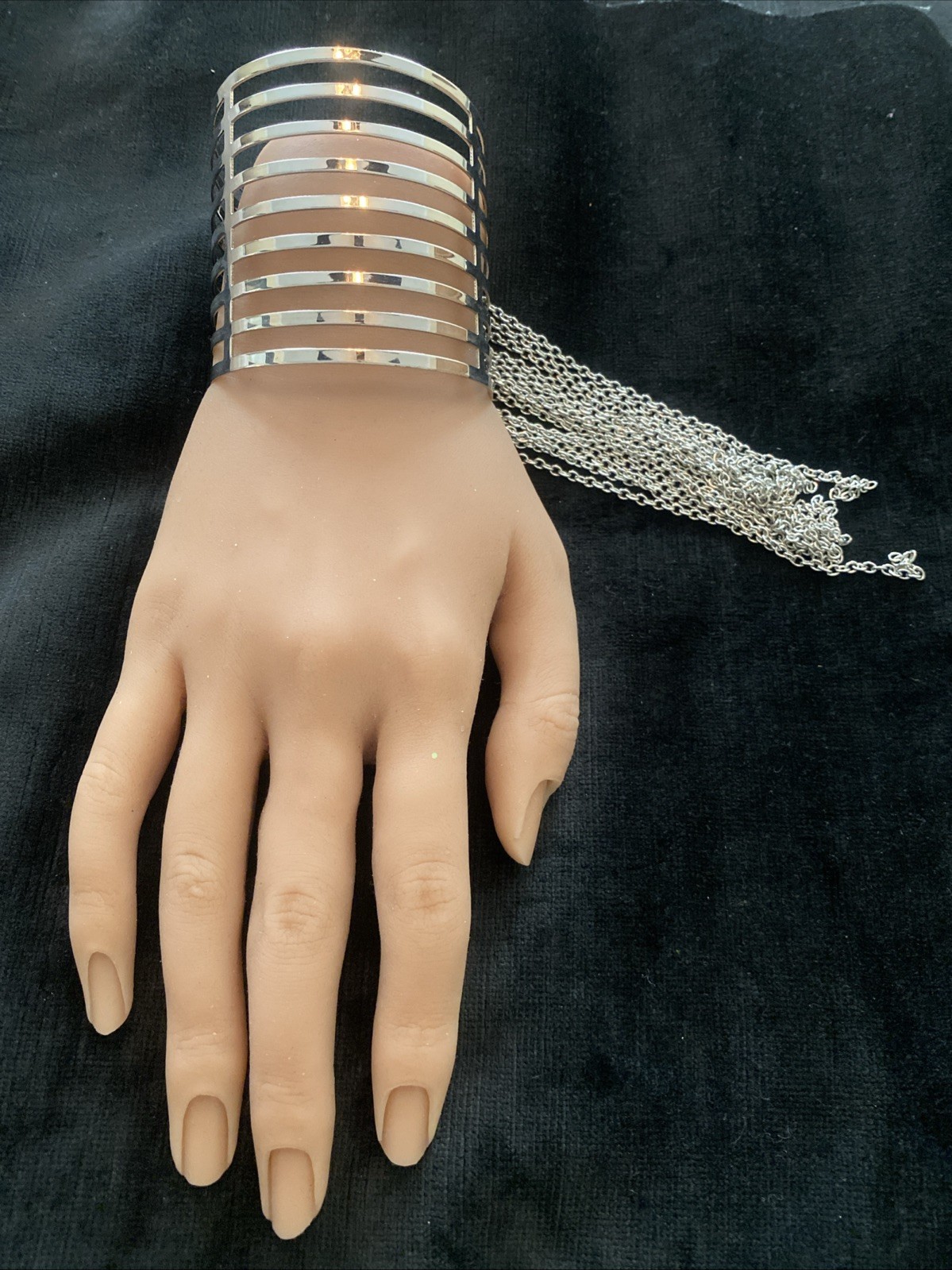 Vintage Bracelet Cuffed Cage Silver Tone Fringe Tassle Y2K Chunky Statement Punk
