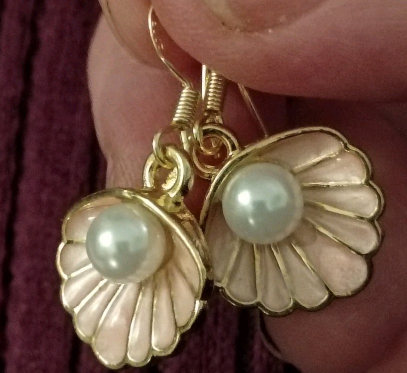 14K Gold/925 Sterling Silver Filled Pearl Pink Enamel Sea Shell Charm Earrings