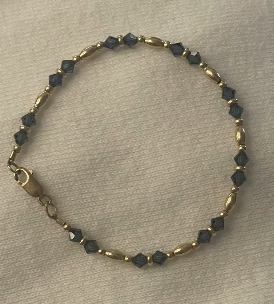 14k Gold Plated Bracelet Bicone Dark Blue Faceted Crystals & GF Barrel Beads 7”