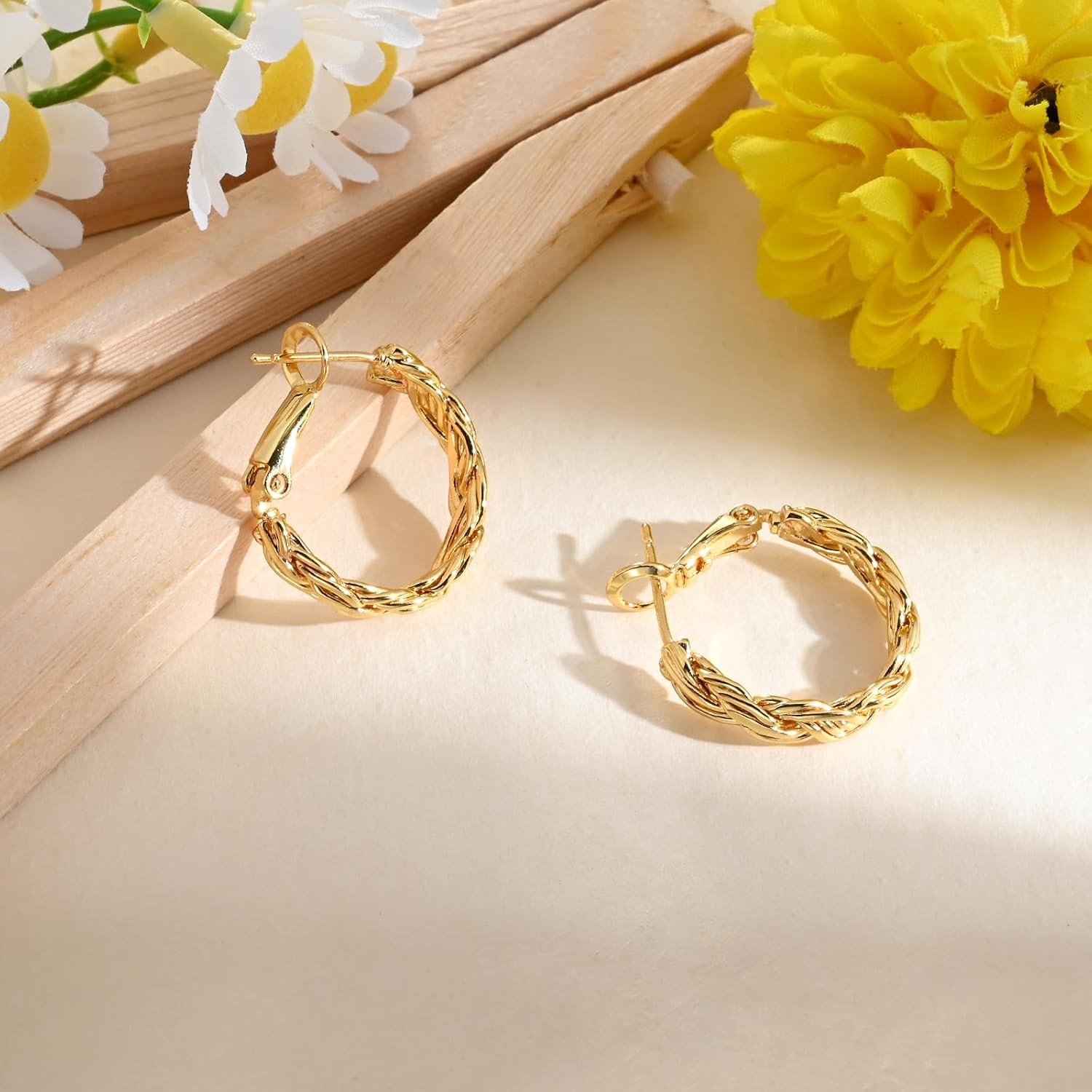 Twisted Gold and Silver Hoop Earrings for Women, 14K Gold Plated, Lightweight &