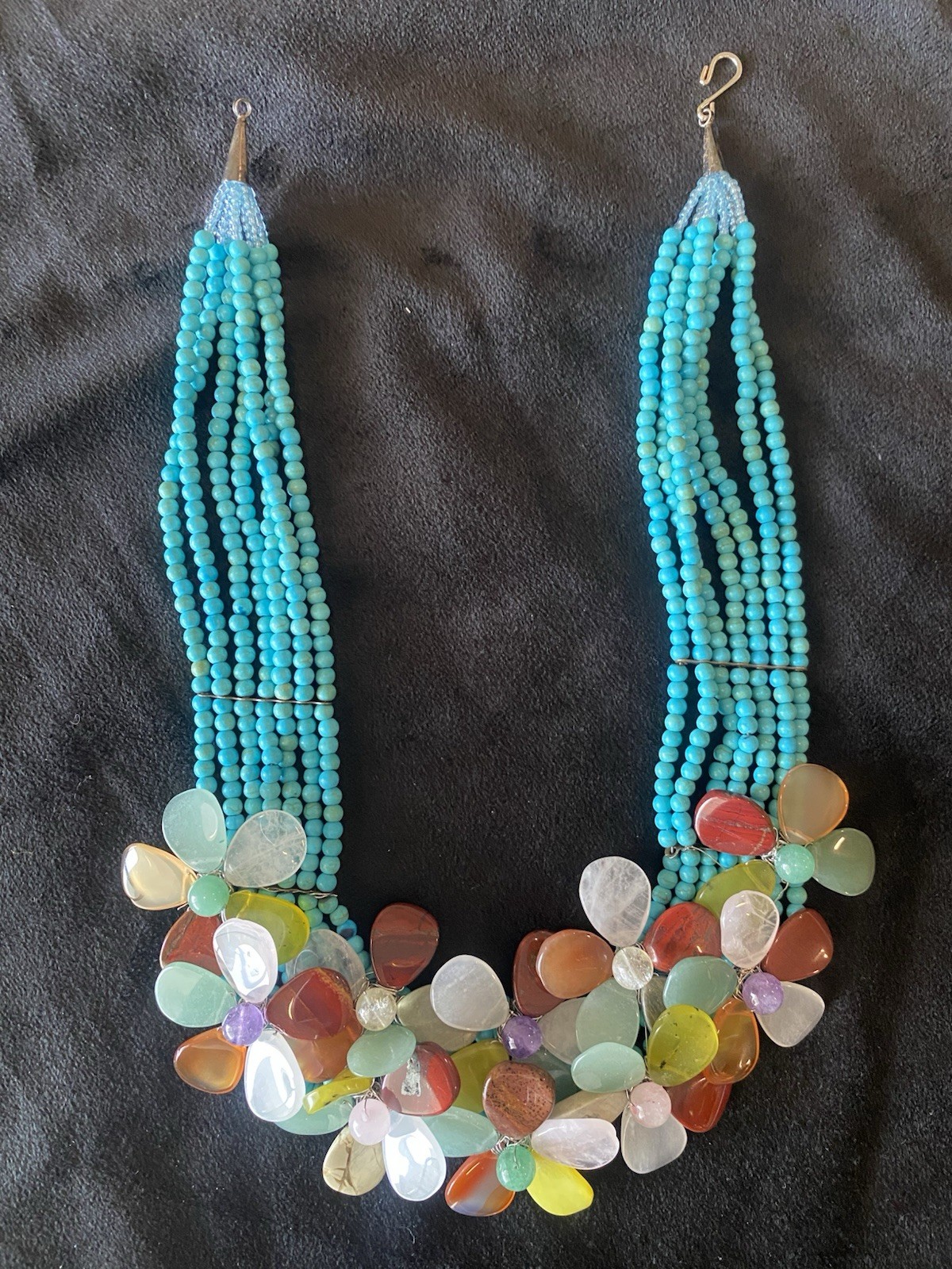 Boho Multi-Gemstone Flower Cluster Necklace Turquoise Beads – Statement Piece