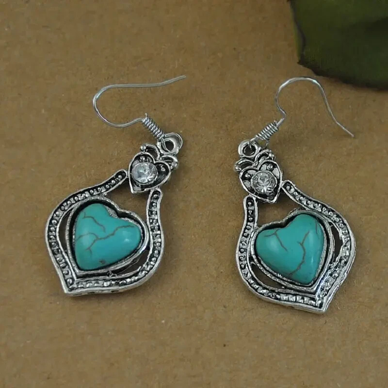 NEW ANTIQUE SILVER HEART SHAPED TURQUOISE & CZ DANGLE FASHION EARRINGS