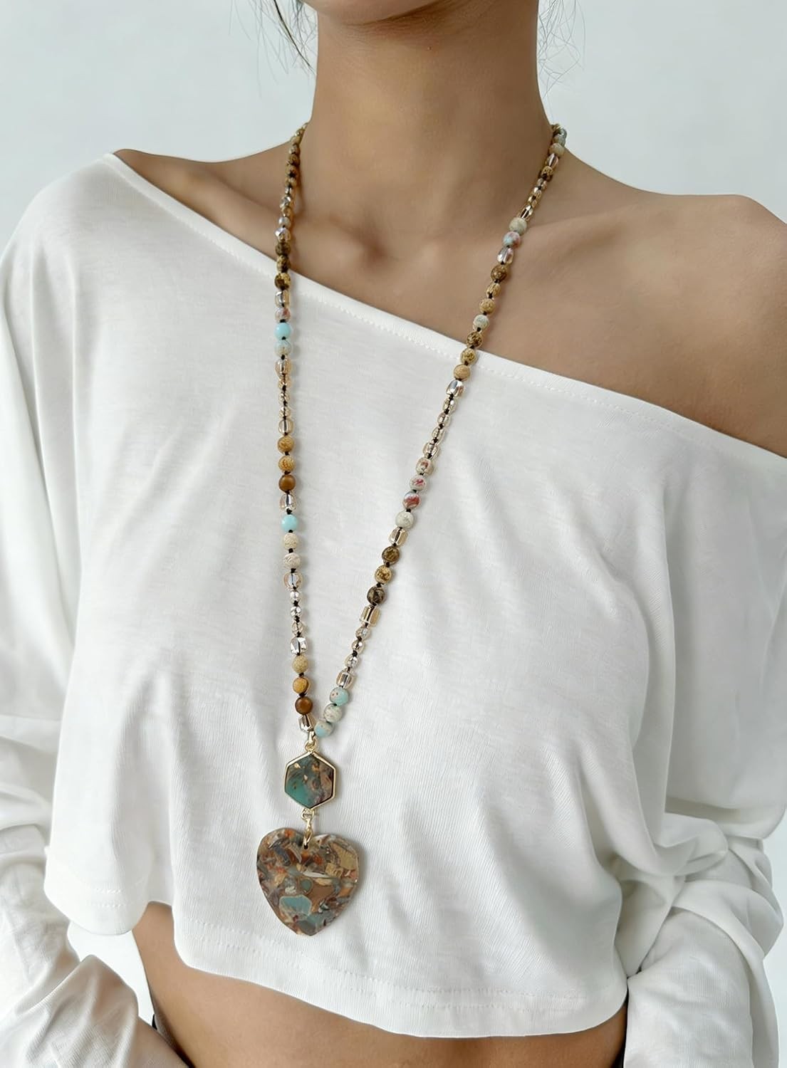 Handmade Beaded Boho Necklace with Heart Pendant, 33 Inch Long Charm Jewelry