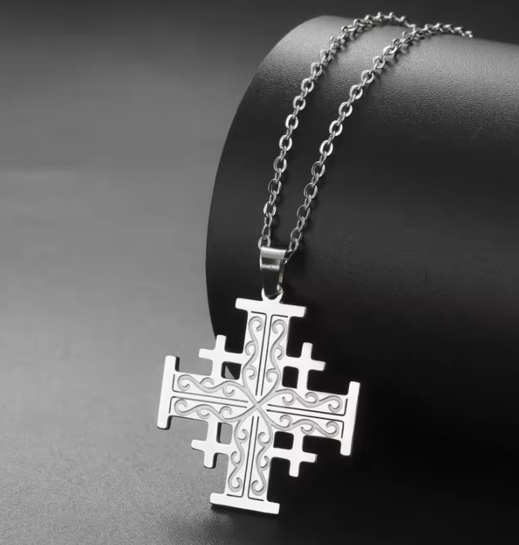 Stainless Steel Jerusalem Cross pendant + 45cm (17.7in) chain plus 2in extender