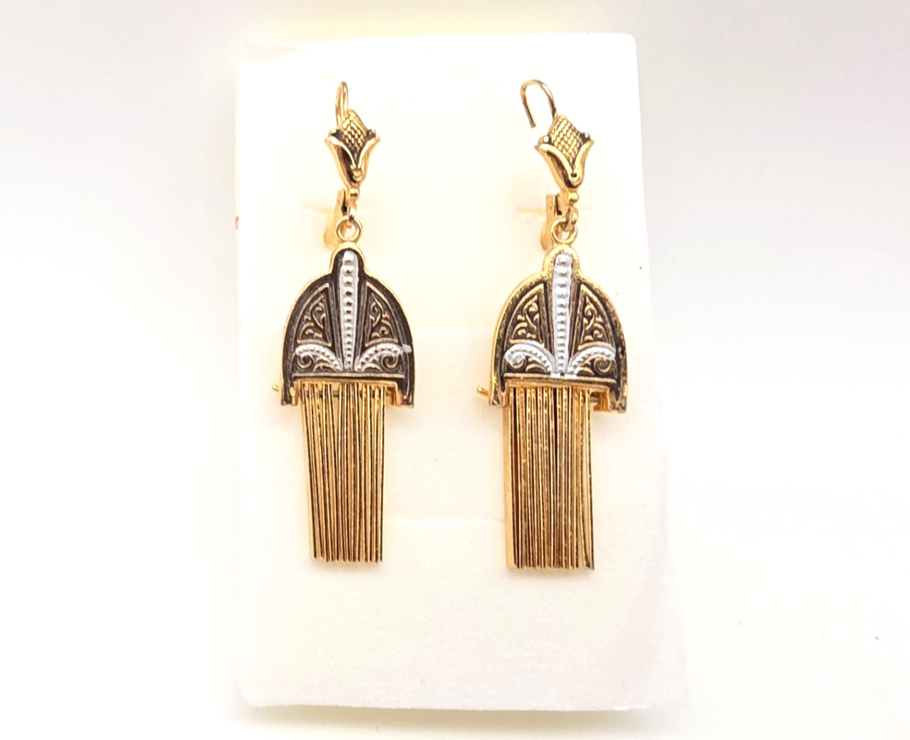 VINTAGE DAMASCENE GOLD TONE & ENAMEL LEVER BACK EARRINGS W/DANGLING BARS SPAIN !