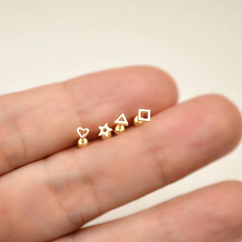 Womens Girls Surgical Steel Gold Tiny Star Heart Ear Stud Earrings Screw Back