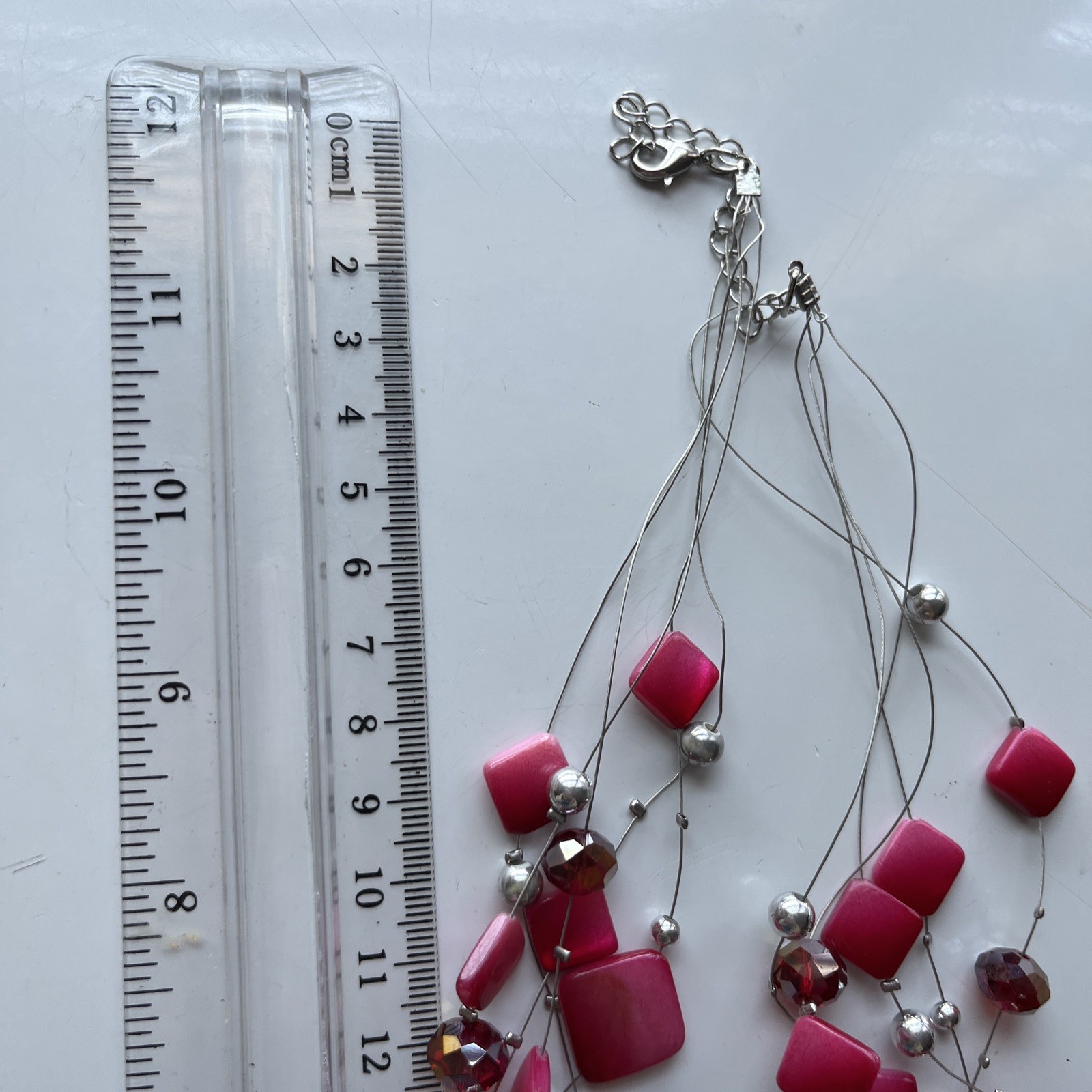 5 layers 27 inch Layered Hot Pink And Grey silver tones Beaded Necklace elegant