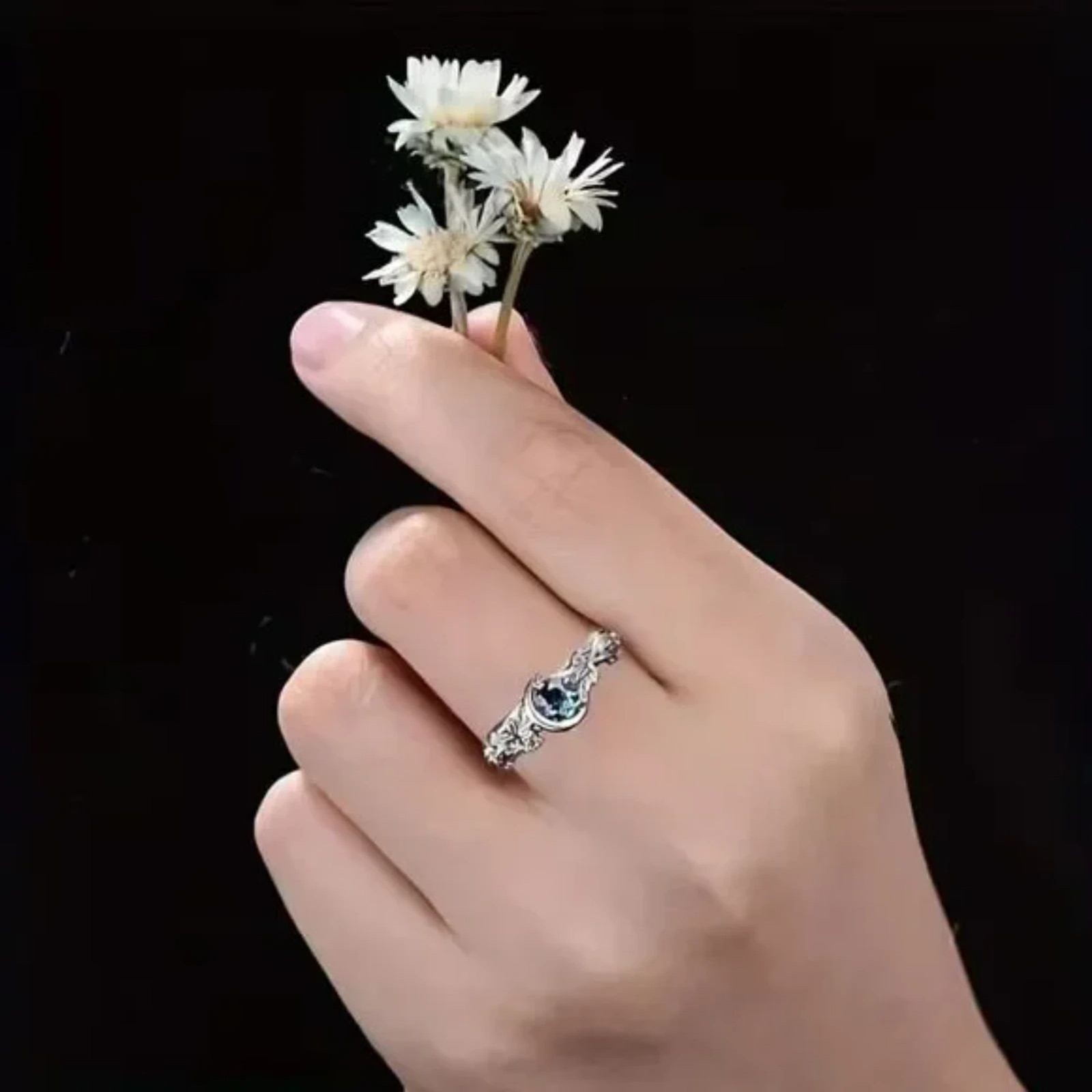 Celestial Silver Crystal Ring Moon Stars Gemstone Flowers Boho Fashion sz: 8