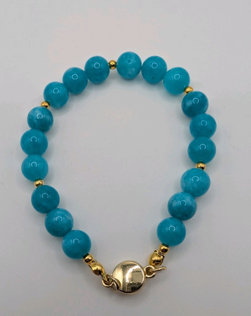 Blue Amazonite Beaded Bracelet With Gold Tone Magnetic Clasp 8 Inch