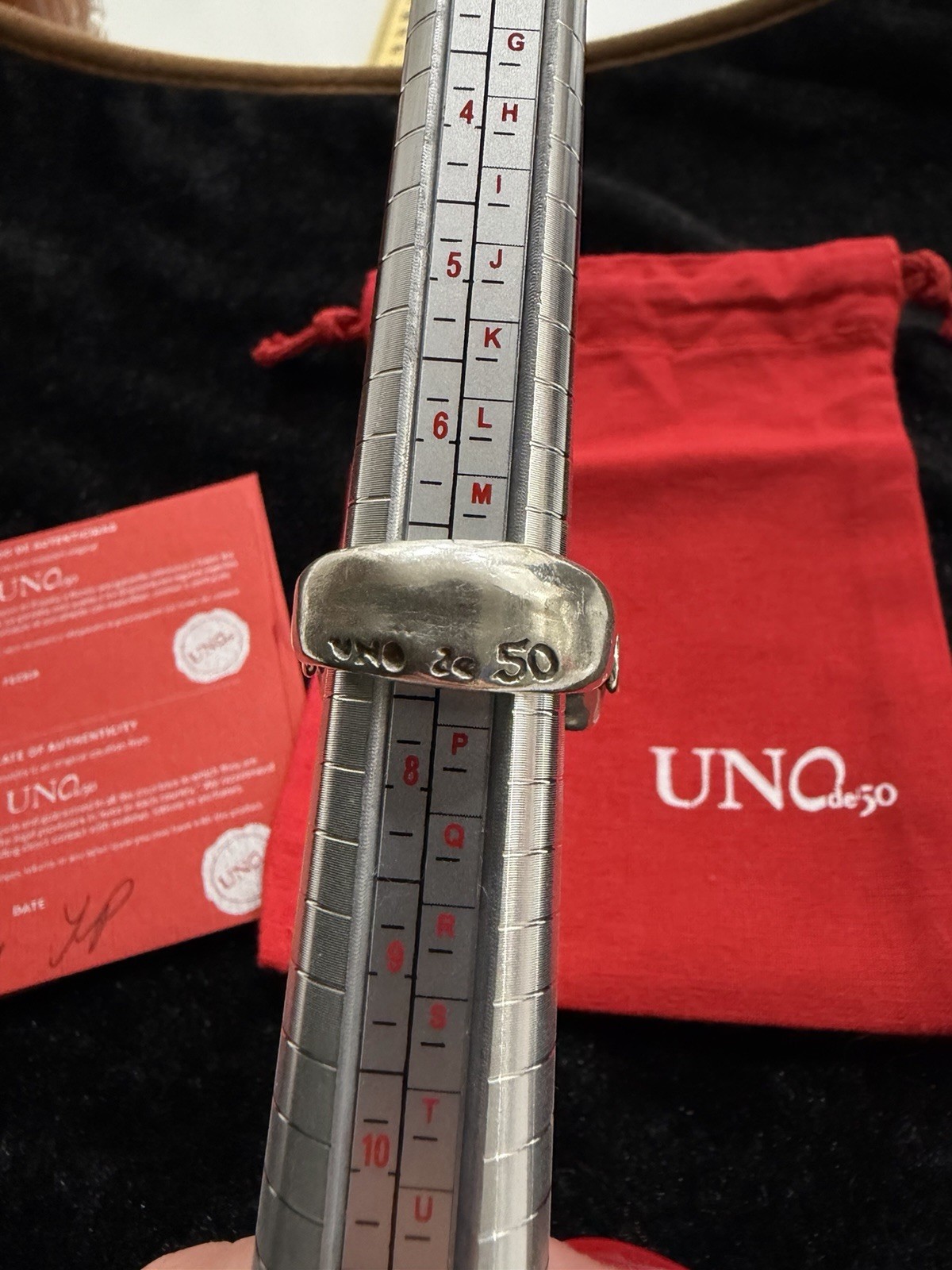 UNOde50 Red Statement Ring Silver Tone Sculptural Bead Ring size 7 with Pouch