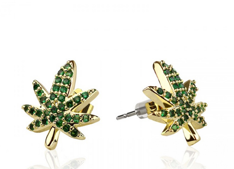 Pot marijuana leaf crystal studs
