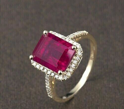 Emerald Cut Simulated Pink Ruby Women’s Stunning Halo Ring 14K White Gold Plated