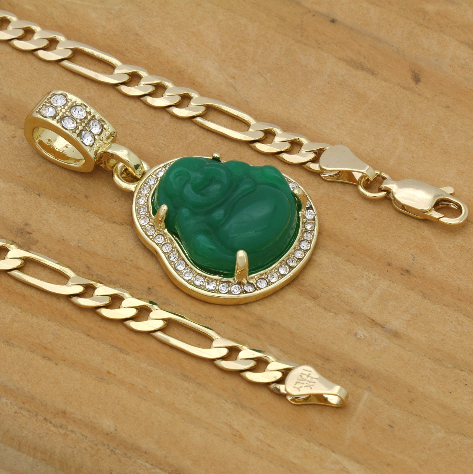 14k Gold Plated Green Jade Buddha Pendant Iced Cubic Zirconia 24″ Figaro Chain