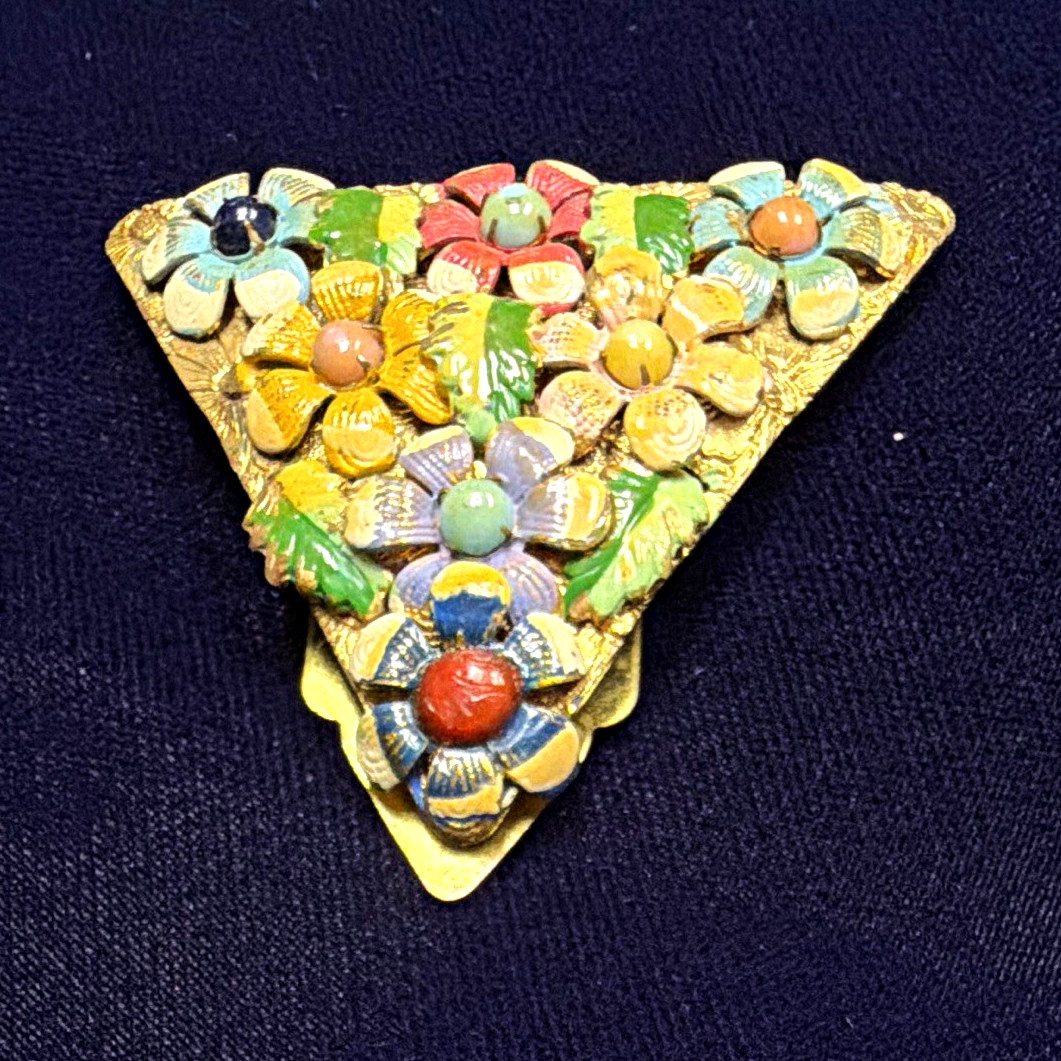 VTG 1930s Art Deco Enameled Multi Flower Dress Clip Triangle Shield Gold Tone