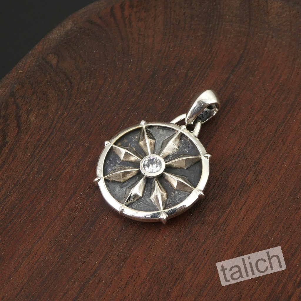 925 Sterling Silver Compass Amulet Pendant with CZ Double Sided Nautical Gift