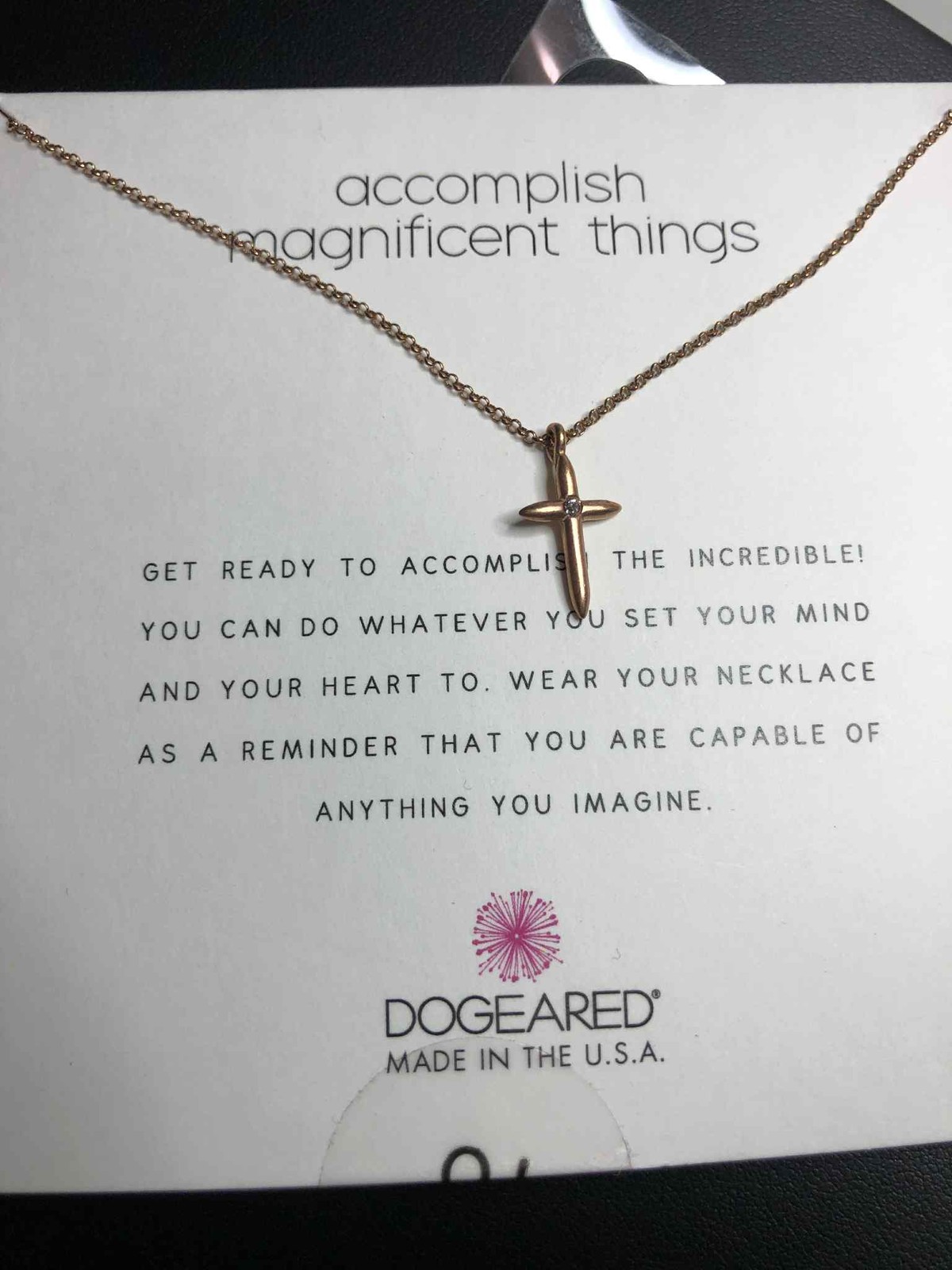 6801 Dogeared Goldtone “accomplish magnificent things” cross necklace 16″ new
