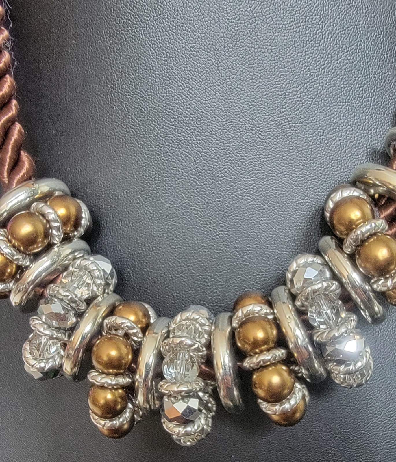 Statement Bold Rope Necklace Brown, Gold And Silver Tone