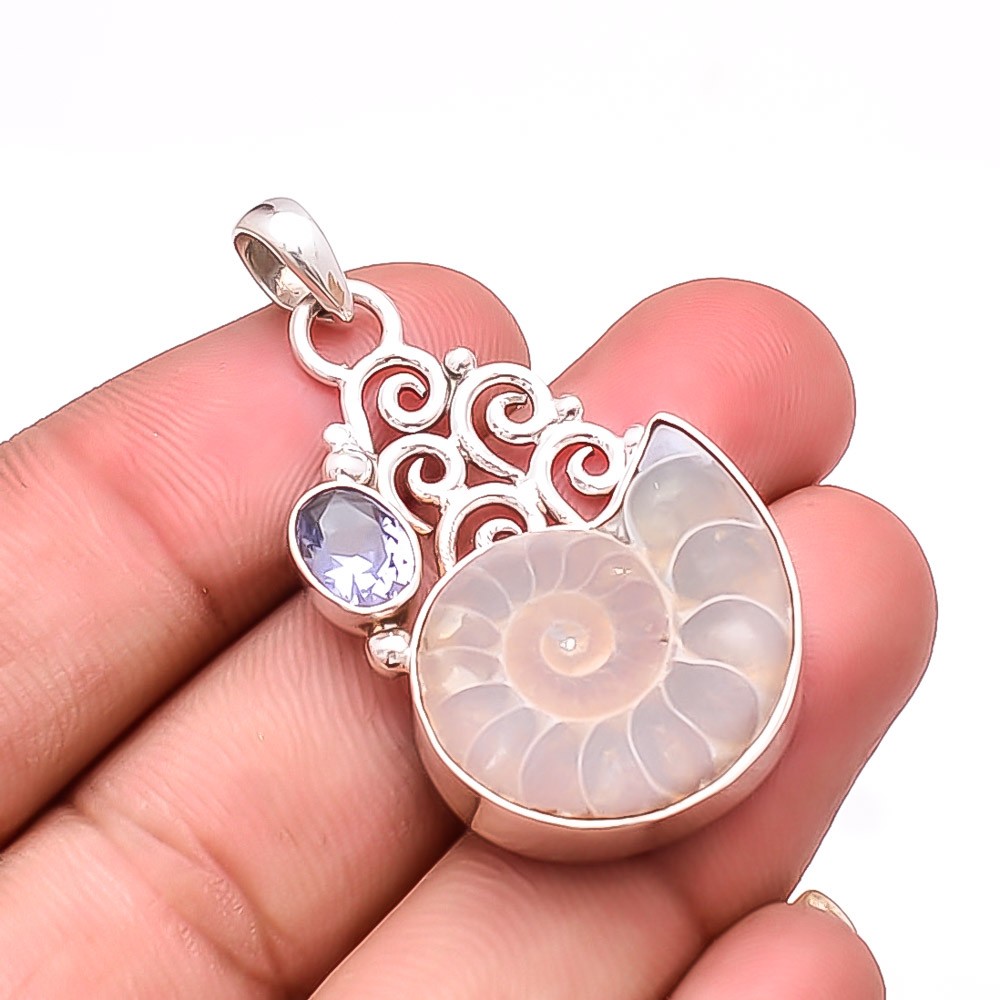 Cleoniceras Cleon Ammonite – Fossil & Iolite 925 Sterling Silver Pendant 1.87″
