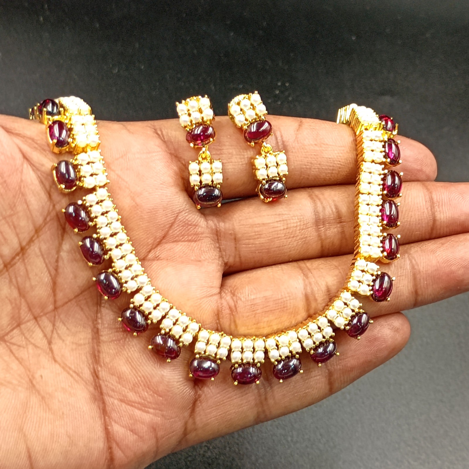 Garnet and Pearl Necklace Set 22k Gold Plated Traditional Ethnic Jewelry