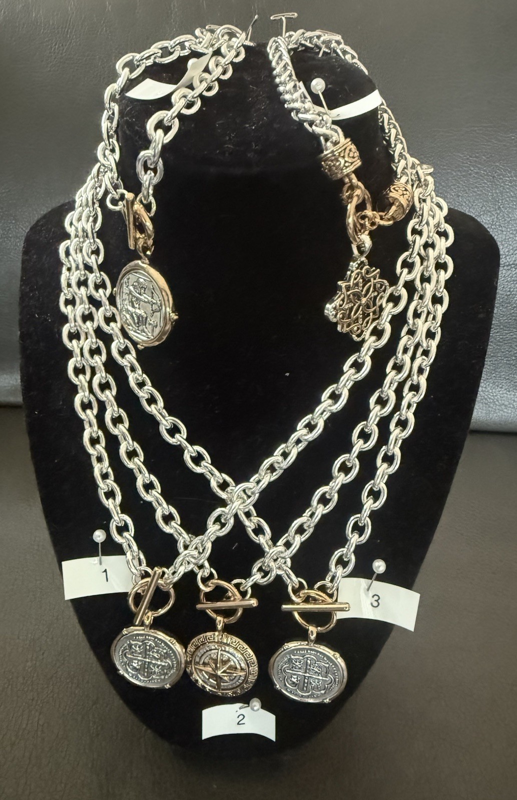 New Costume Jewelry Medallion Necklaces; Gold And Silver Tones W/A Front Closure