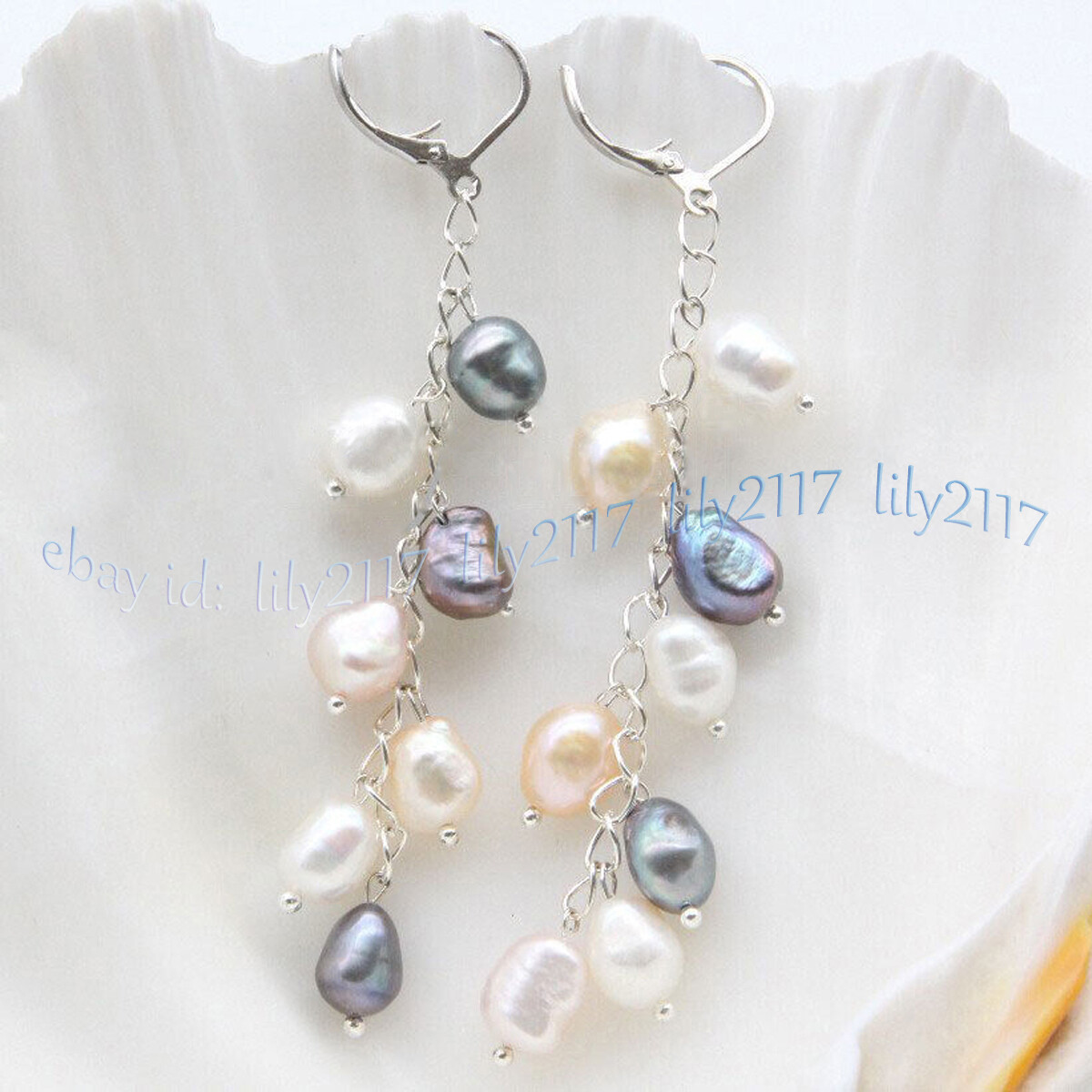 8-9mm Natural Black White Pink Purple Freshwater Pearl Dangle Leverback Earrings