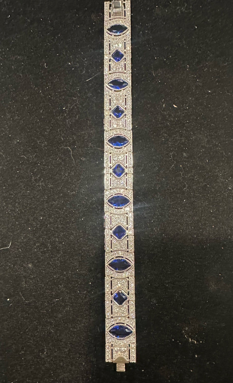 Art Deco Style Bracelet Sterling 925 Moissonite ,Blue Crystals 6.5” Comforable