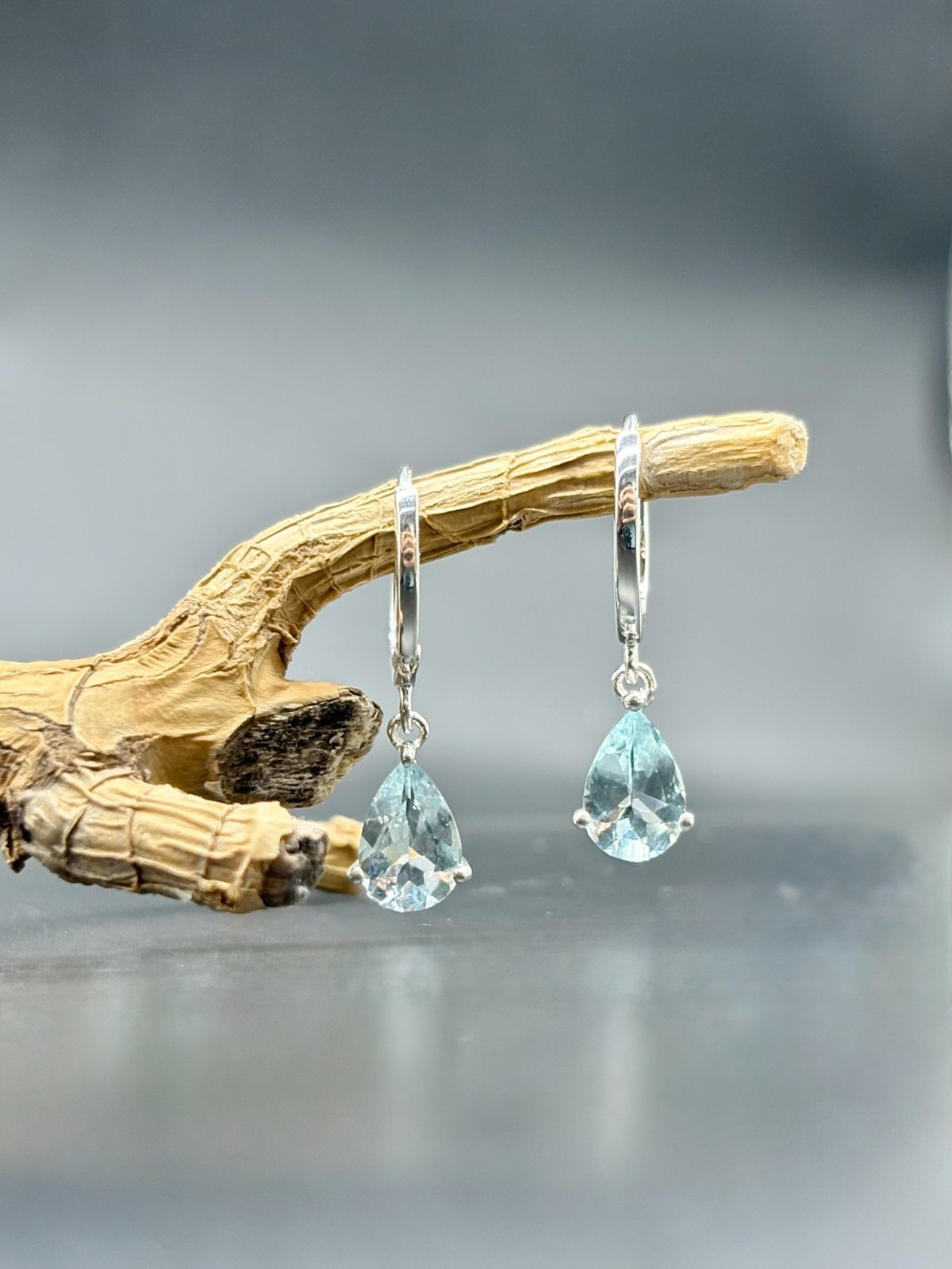 Natural Aquamarine Dangle Earrings in Sterling Silver | Pear Cut 9x6mm | 2.10 Ct