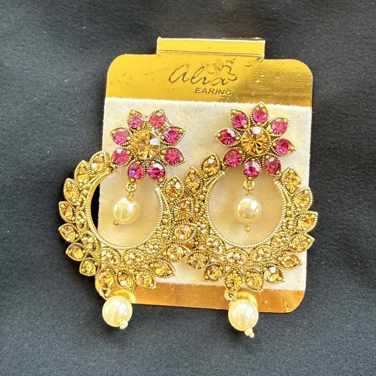 Gold Tone Chandelier Dangle Earrings Pink Round Crystal Rhinestone Faux Pearl