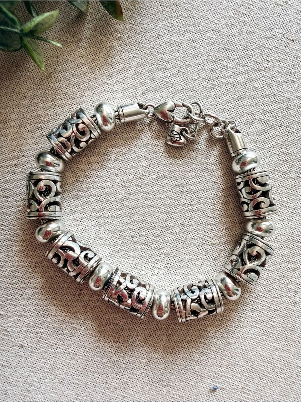 Brighton Silver Scroll Beaded Bracelet Chunky Barrel Beads Heart Charm