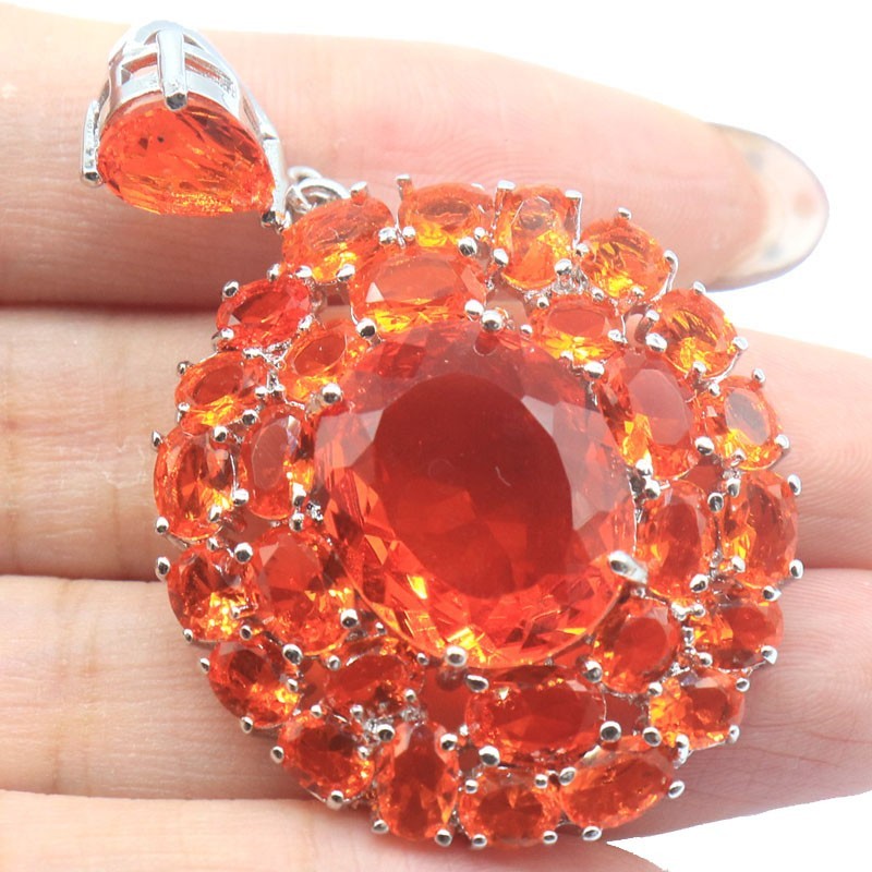European Design 10.7g Big Gemstone Orange Spessartine Garnet Gift Silver Pendant