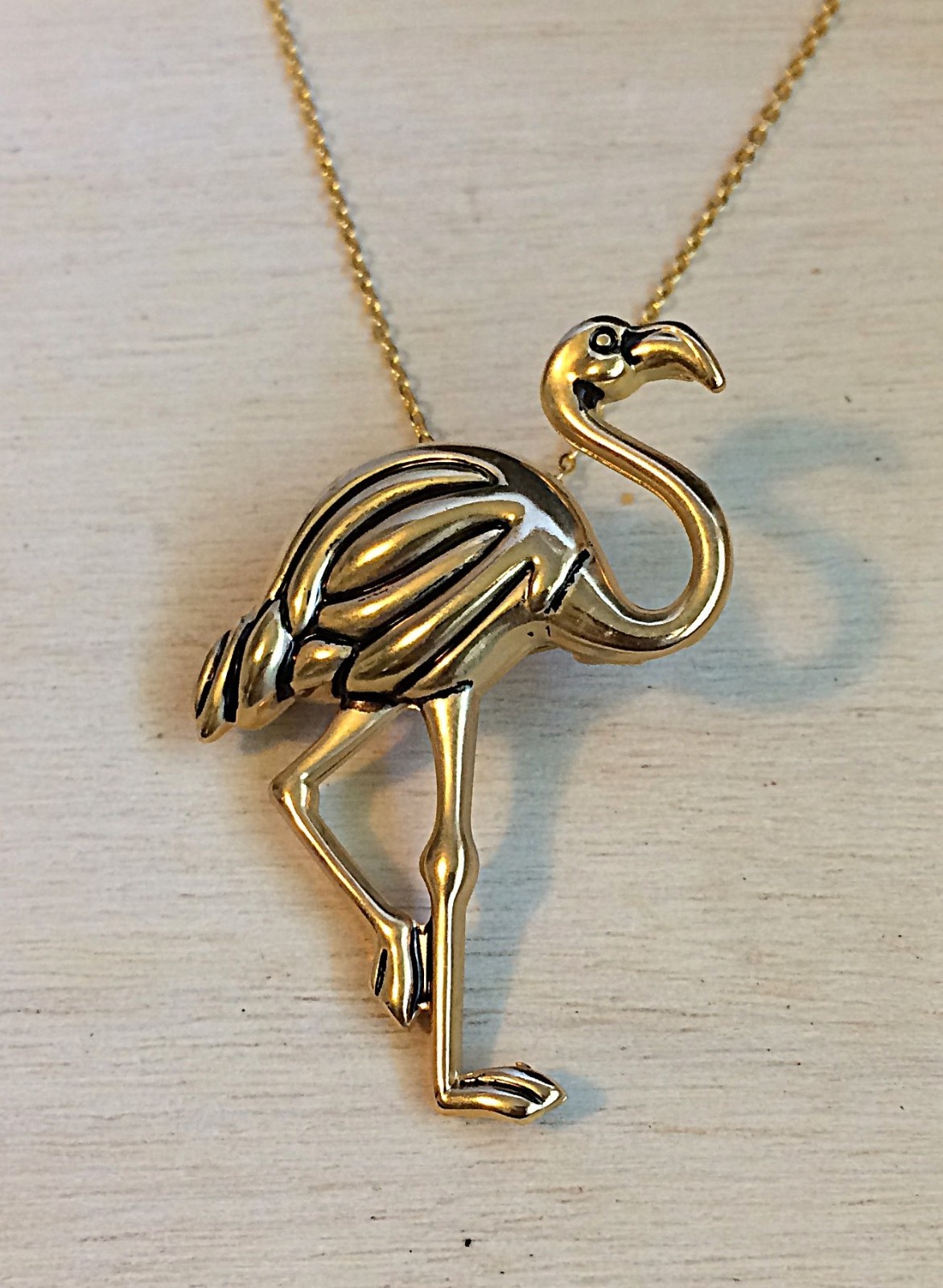 Vintage Gold Tone 1990s Flamingo Bird Pendant Brooch Pin Necklace 20″ NOS