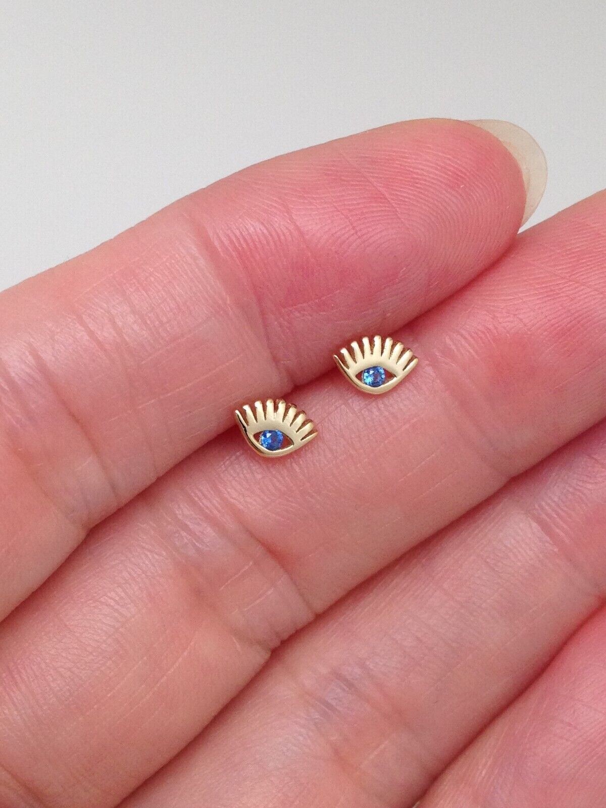 925 Sterling Silver Evil Eye Gold Stud Earrings Dainty Blue CZ Studs 5.5mm