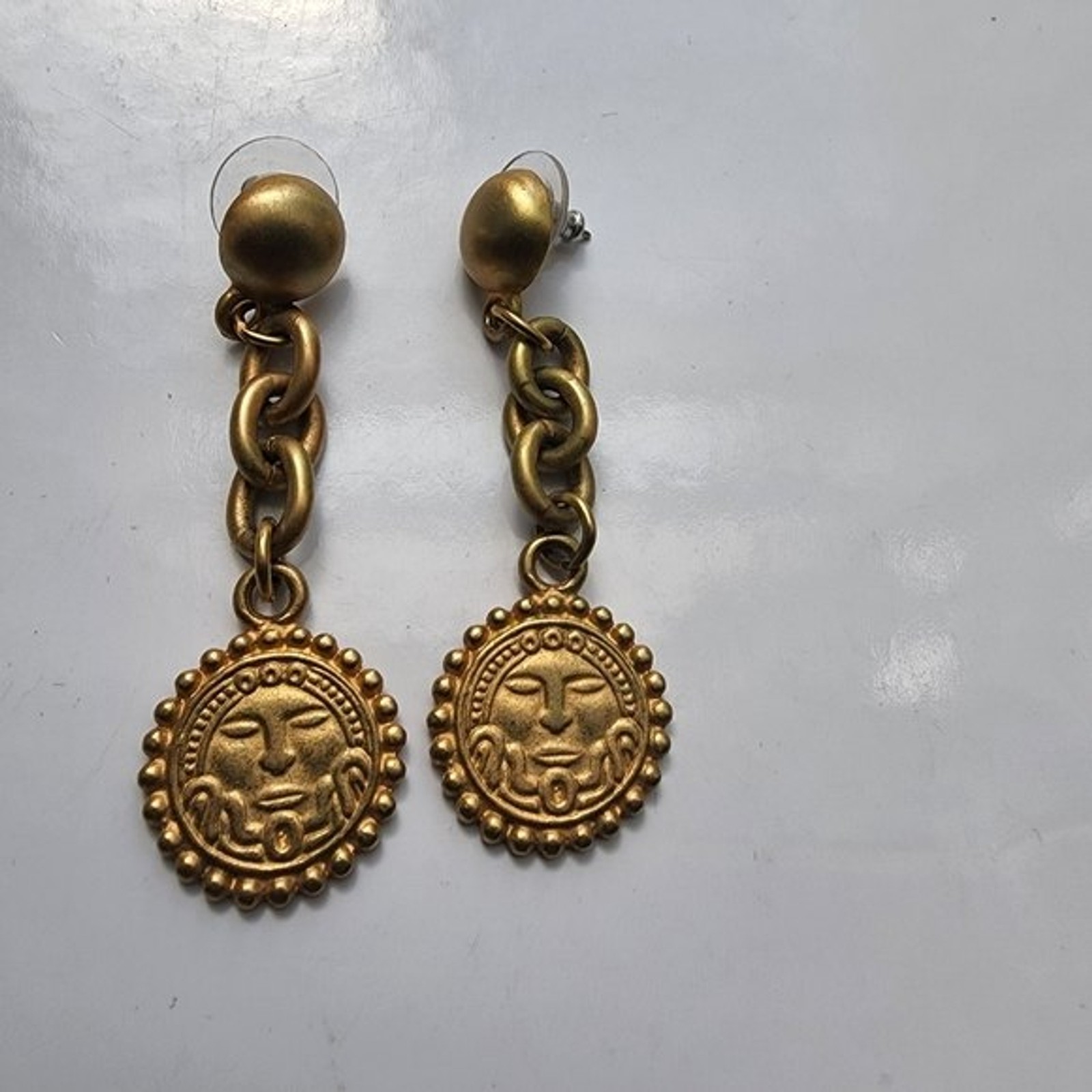 Vintage Antique gold Sun face figural tribal chain earrings