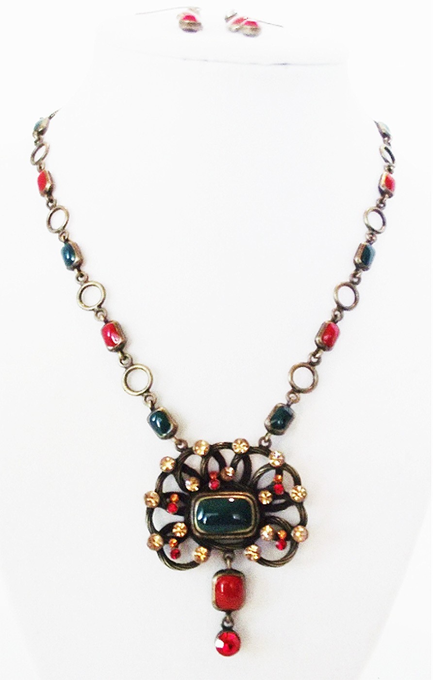 CC 18 in RED GREEN ENAMEL GOLD CRYSTAL FLORAL NECKLACE EARRINGS JEWELRY SET NEW