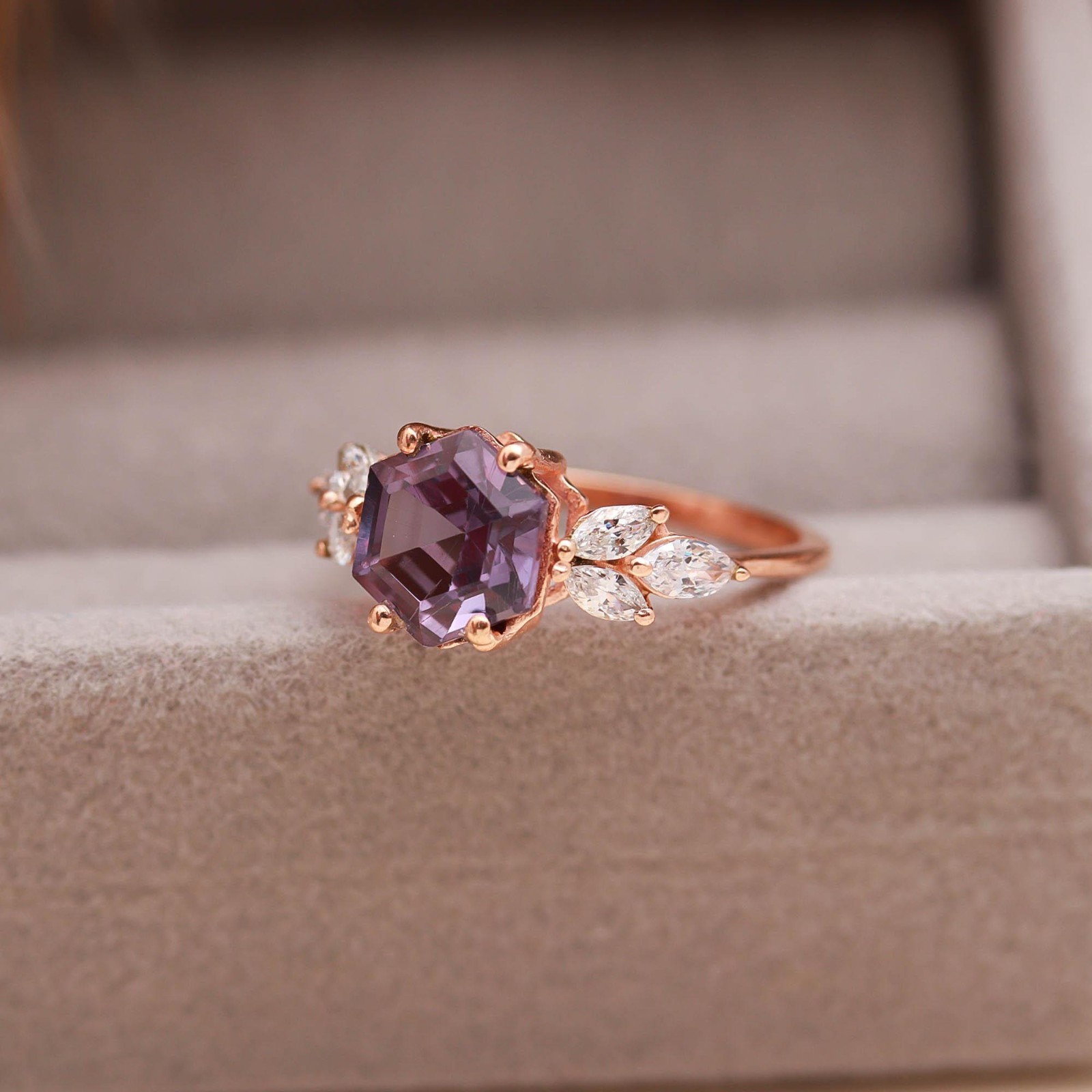Color Changing Alexandrite Hexagon Ring Rose Gold Plated Solid Silver Jewelry