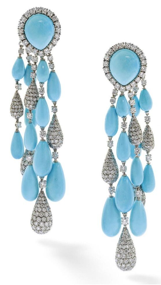 35Ct Tear Drop Cut Lab Created Turquoise & CZ Chandelier Wedding Women Earrings