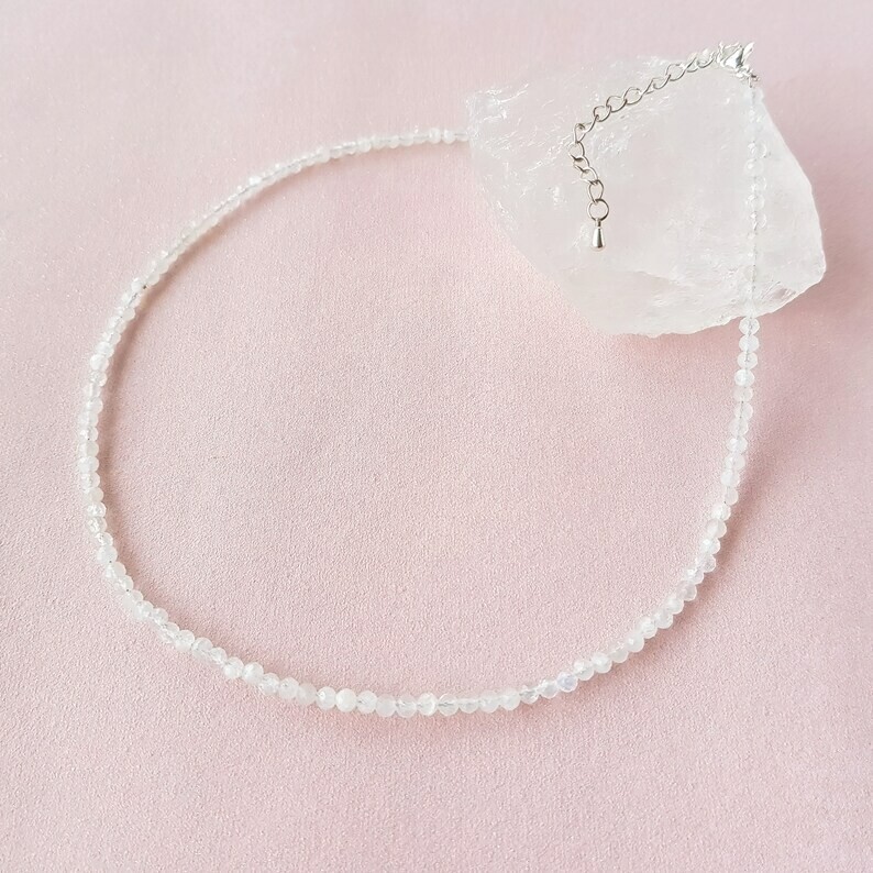 Rainbow Moonstone 2mm Tiny Beaded Choker Healing Dainty Women Boho Necklace Gift