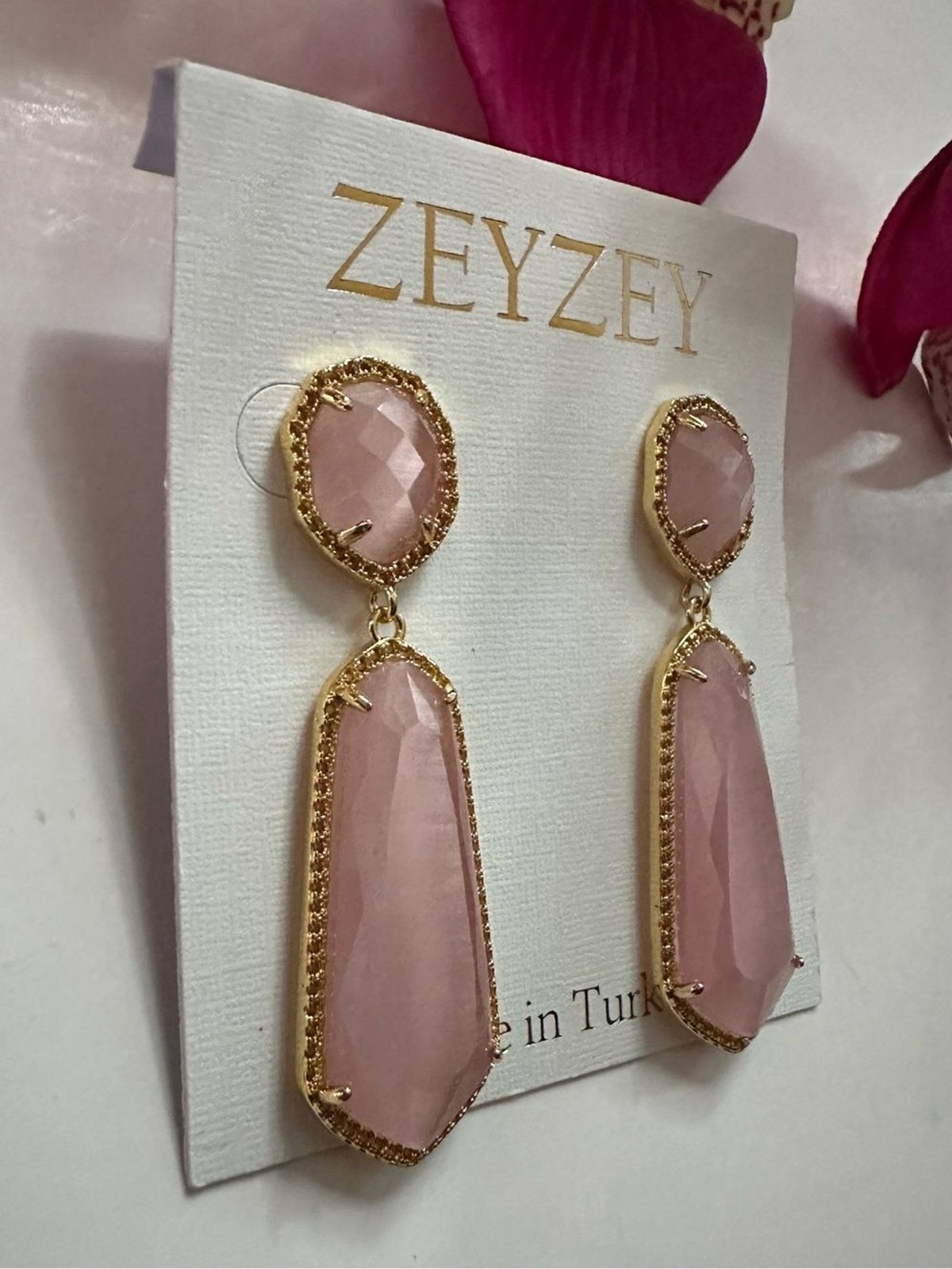 Pink Gold-Tone Long Double Drop Stone Stud Earrings Made in Turkey NWT