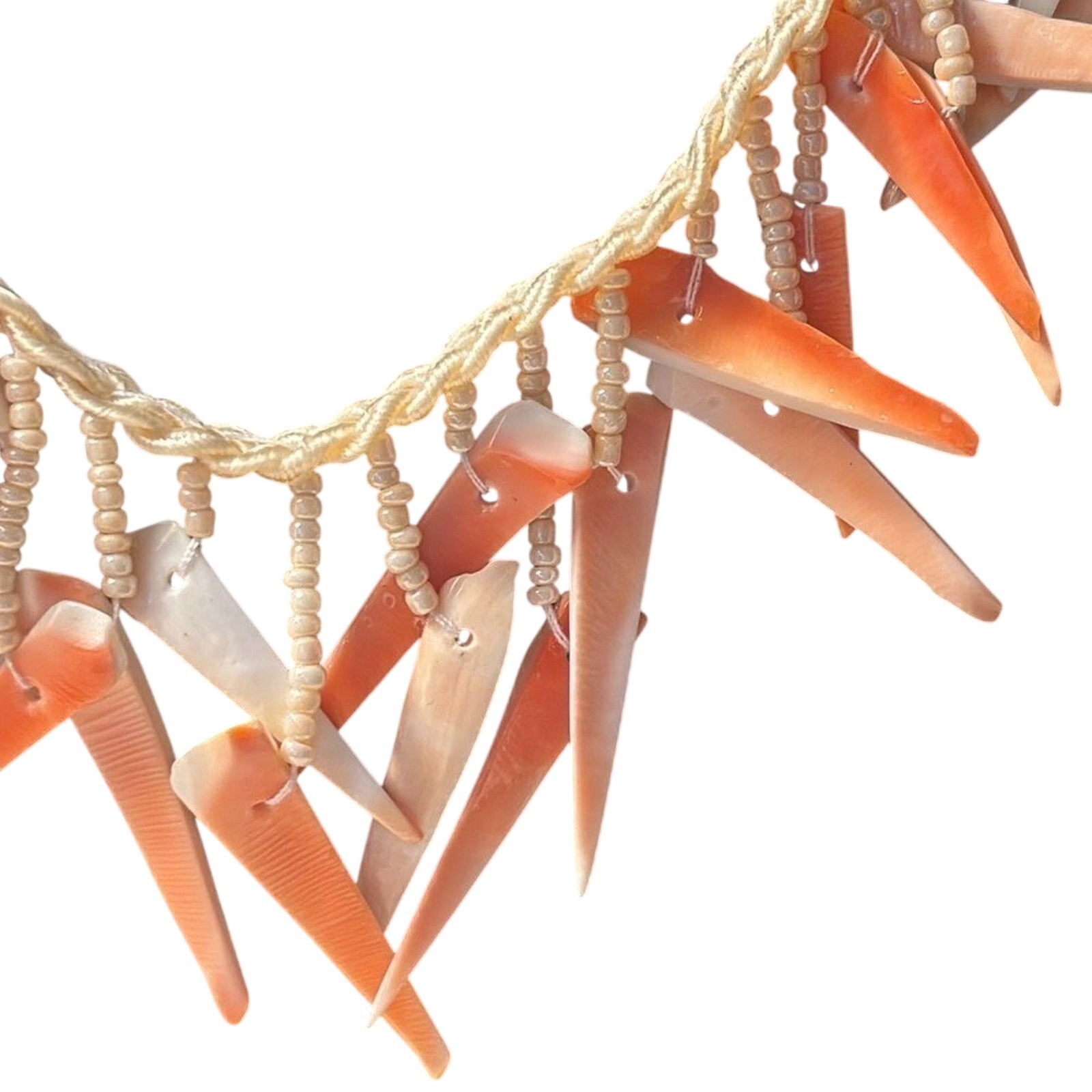 Braided Natural Cut Sea Shell Statement Necklace with Orange Tones 17”