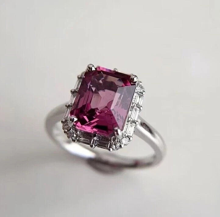 3.70 Ct Emerald Cut Natural Pink Ruby Halo Wedding Ring 14k White Gold Size 8